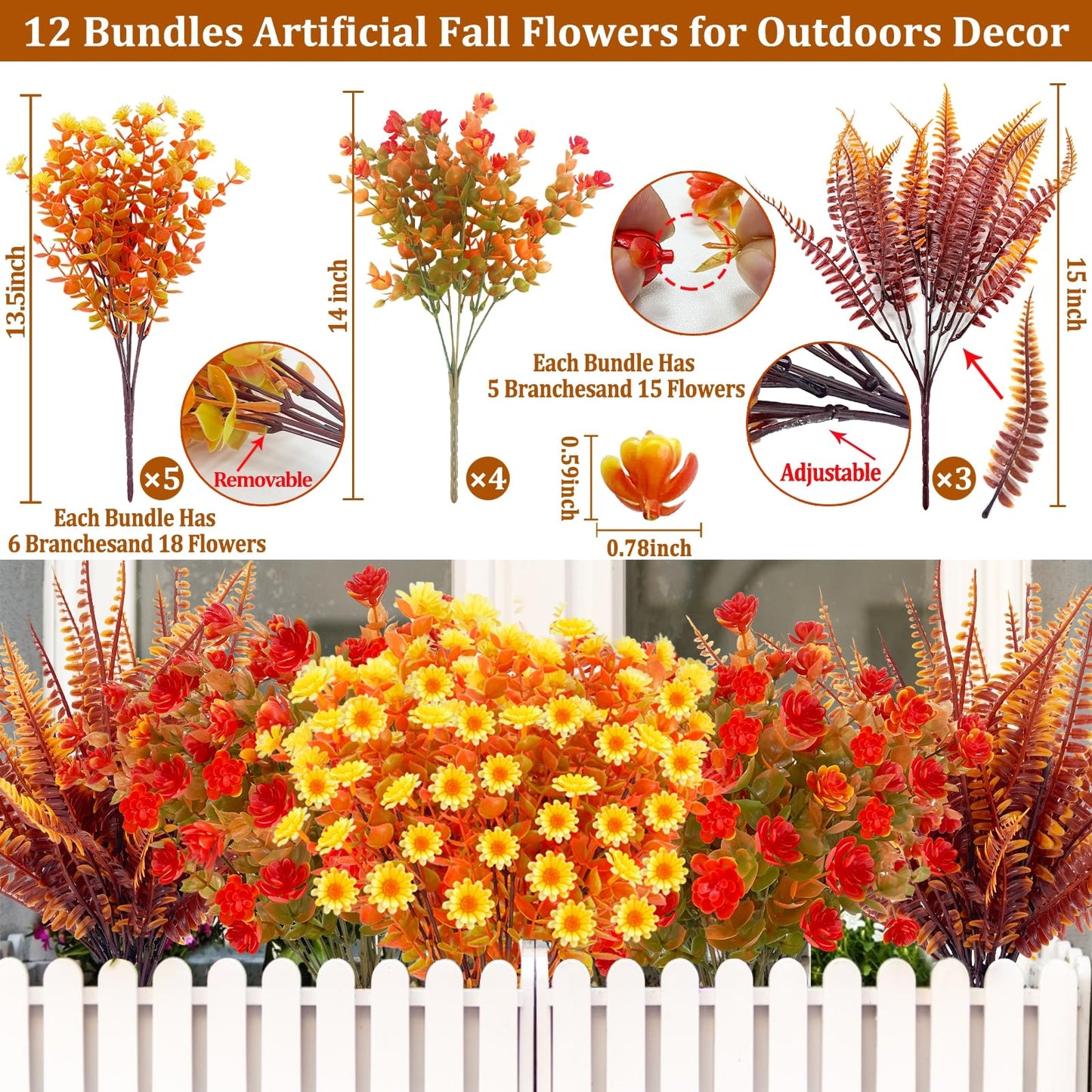 TURNMEON 12 Bundles Artificial Fall Flowers for Outdoors Fall Decorations, UV Resistant Fake Mums Faux Fall Plants Plastic Orange Boston Fern Eucalyptus Home Garden Porch Autumn Thanksgiving Decor