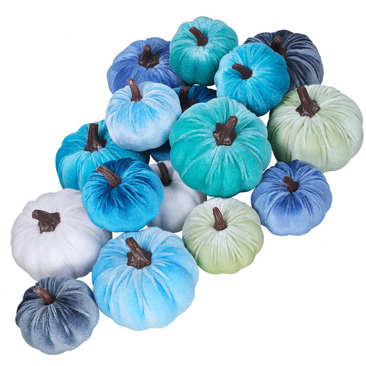Winlyn Set of 16 Faux Assorted Velvet Pumpkins Decorative Teal Blue Green Gray Ivory Fabric Foam Pumpkins for Farmhouse Fall Wedding Thanksgiving Halloween Table Centerpiece Mantel Kitchen Decor