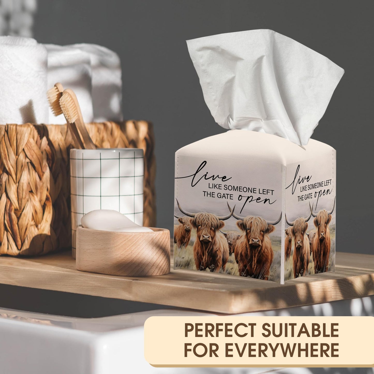 Cow Decorative Tissue Box Cover Holder, Tissue Box Cover Holder with Belt Bottom, New House Gift Ideas for Family Friends, Home Farmhouse Table Decor-(5.2 Inches) A22