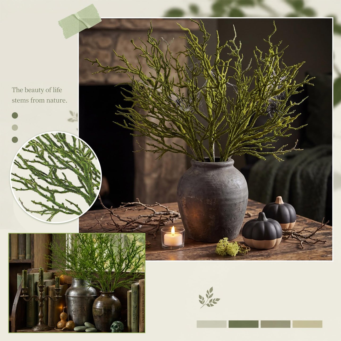 Giegxin 5 Pack 18 Inch Halloween Artificial Moss Branches Rustic Faux Greenery Twigs Bendable Fake Moss Stems for Vase Gothic Witchy Home Decor for Fall Spooky Table Centerpiece Decor