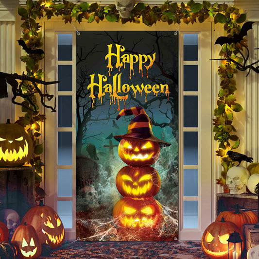 Tiamon Halloween Door Cover Decoration 180 x 90 cm Large Fabric Halloween Party Decoration Sign for Front Door Pumpkins Wearing Witch Hats Porch Outdoor Decor Window Wall