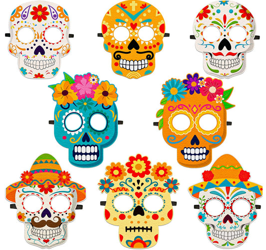 80UncleKimby 8PCS Dia De Los Muertos Masks - Halloween Felt Sugar Skull Crafts, Day of The Dead Costume Accessories Decorations Classroom Activities Party Favors
