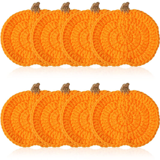 8 Pcs Crochet Pumpkins Coaster Handmade Knitted Drink Coaster Set Autumn Drink Cup Pad Mats Absorbent Bottle Mug Place Mats for Table Protection Fall Halloween Thanksgiving Themed Party Decoration