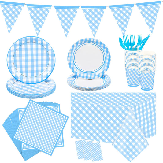 Preboun 198 Pcs Gingham Party Supplies for 24 Guests Checkered Plaid Tablecloth Pennant Banner Plate Cup Napkin and Cutlery for Picnic BBQ Birthday Baby Shower Party(Light Blue, White)
