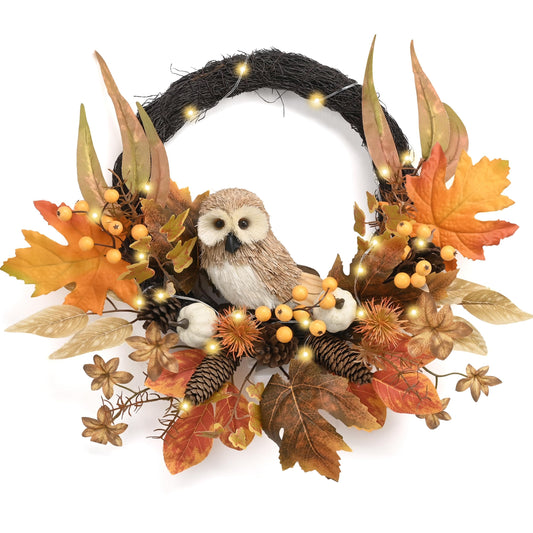 Valery Madelyn Fall Wreaths for Front Door Outside, 18'' Fall Door Wreath with Lights Cute Owl for Harvest Decor, Autumn Maple Leaves Outdoor Decorations for Home Porch Halloween Thanksgiving Decor