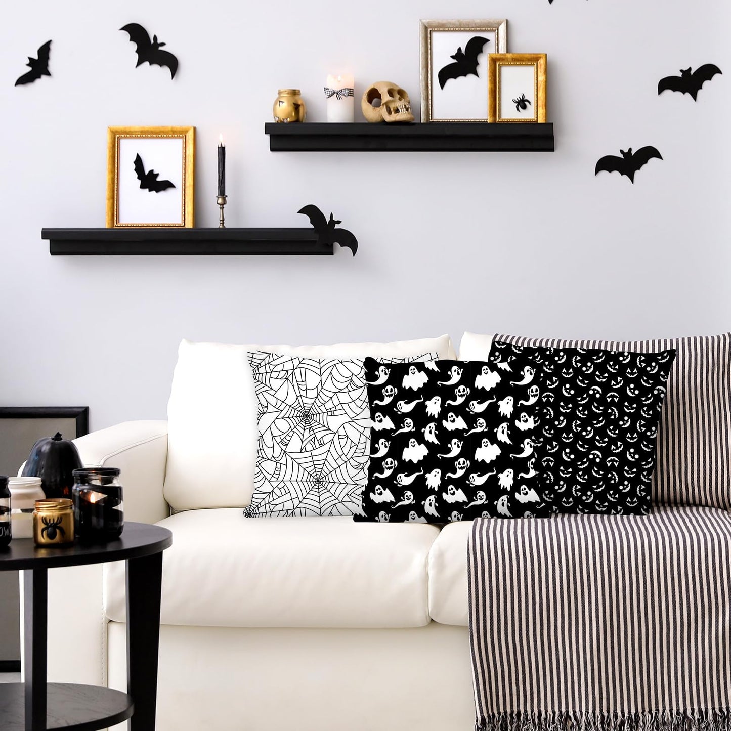 JarThenaAMCS 8Pcs Halloween Cotton Fabric Bundles Ghost Skull Bat Spider Web Fat Quarters Spooky Black White Quilting Patchwork for DIY Sewing Craft Decor, 18 x 22 Inch
