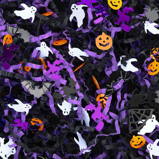 Jansun 1LB/16oz Halloween Crinkle Cut Paper, Black Purple Shred Filler Grass with Pumpkin Spider Bat Witch Ghost Confetti for Halloween Bakset Gift Box Bag Wrapping Basket Filling Party Decorations