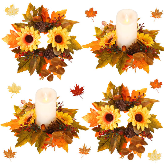 Ceenna 4 Pcs Thanksgiving Fall Candle Rings 3.7 Inch Center Fall Candle Rings Wreath Thanksgiving Autumn Decorative Artificial Maple Leaf Sunflowers Floral Holder Festival Holiday Party Decoration