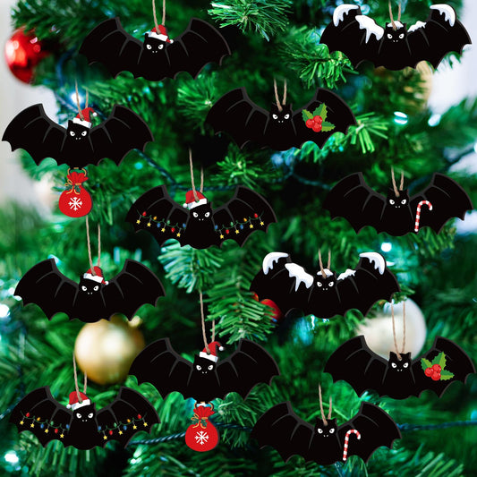 Suncalla 12 Pcs Bat Ornaments for Christmas Tree Spooky Christmas Decor Gothic Wood Hanging Ornaments Horror Bat Decoration for Xmas Tree Decor Holiday Party