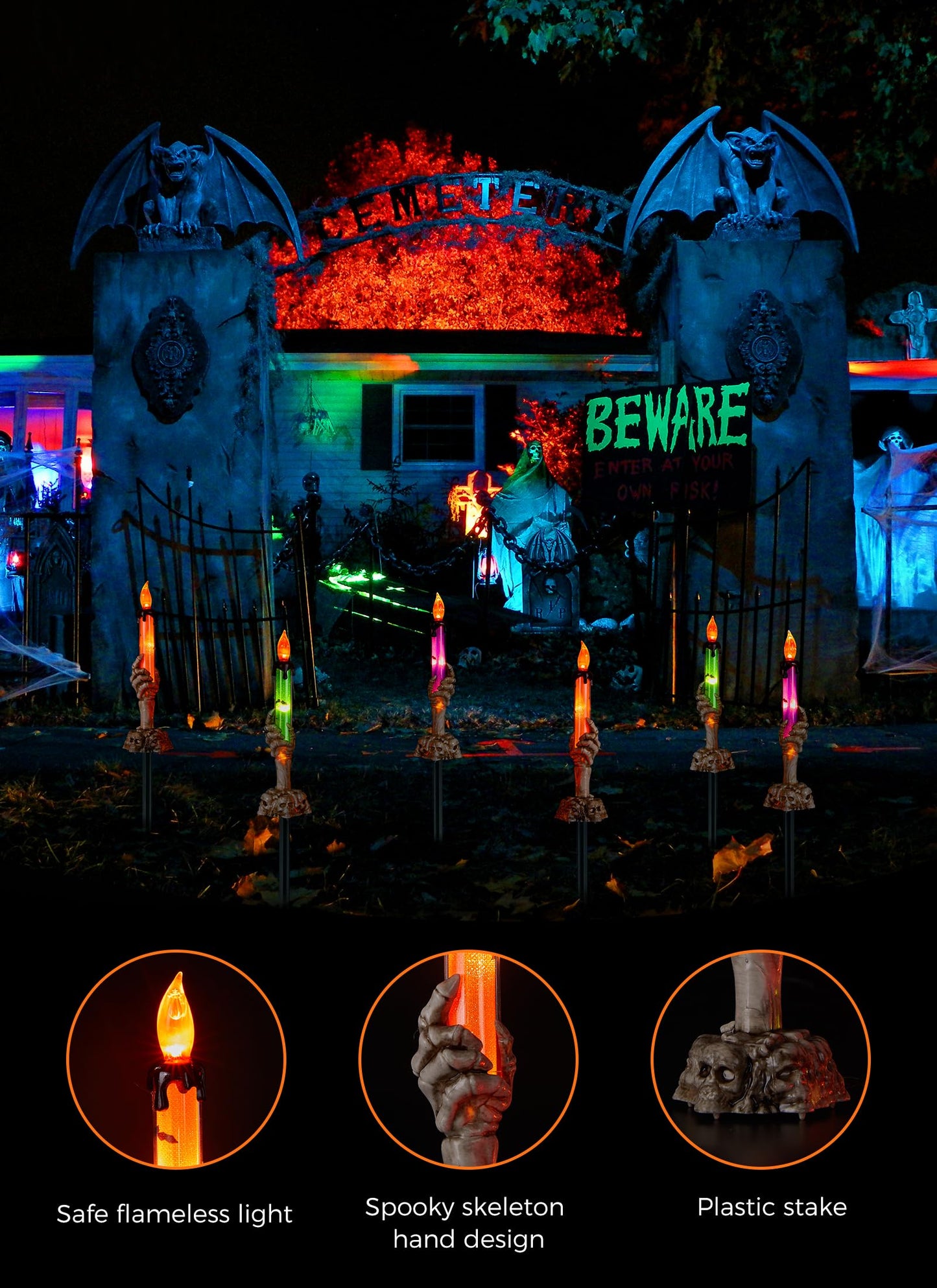 Halloween Decorations, 6 Pack Skeleton Hands Hold Lighted Candle Stakes, Waterproof Battery Operated Pathway Decor with Timer, Light Up for Tabletop Indoor Outdoor Party Lawn Yard Garden Warm White
