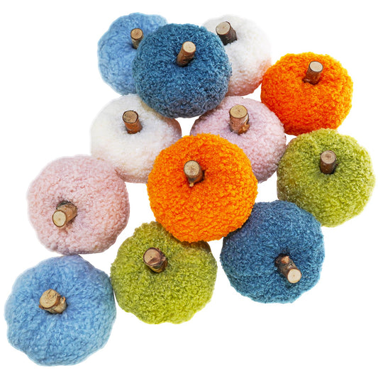 Winlyn 12 Pcs Small Assorted Faux Sherpa Pumpkins Decorative Orange Green Blue Pink White Fabric Foam Pumpkins for Farmhouse Fall Wedding Halloween Thanksgiving Table Centerpiece Mantel Decor