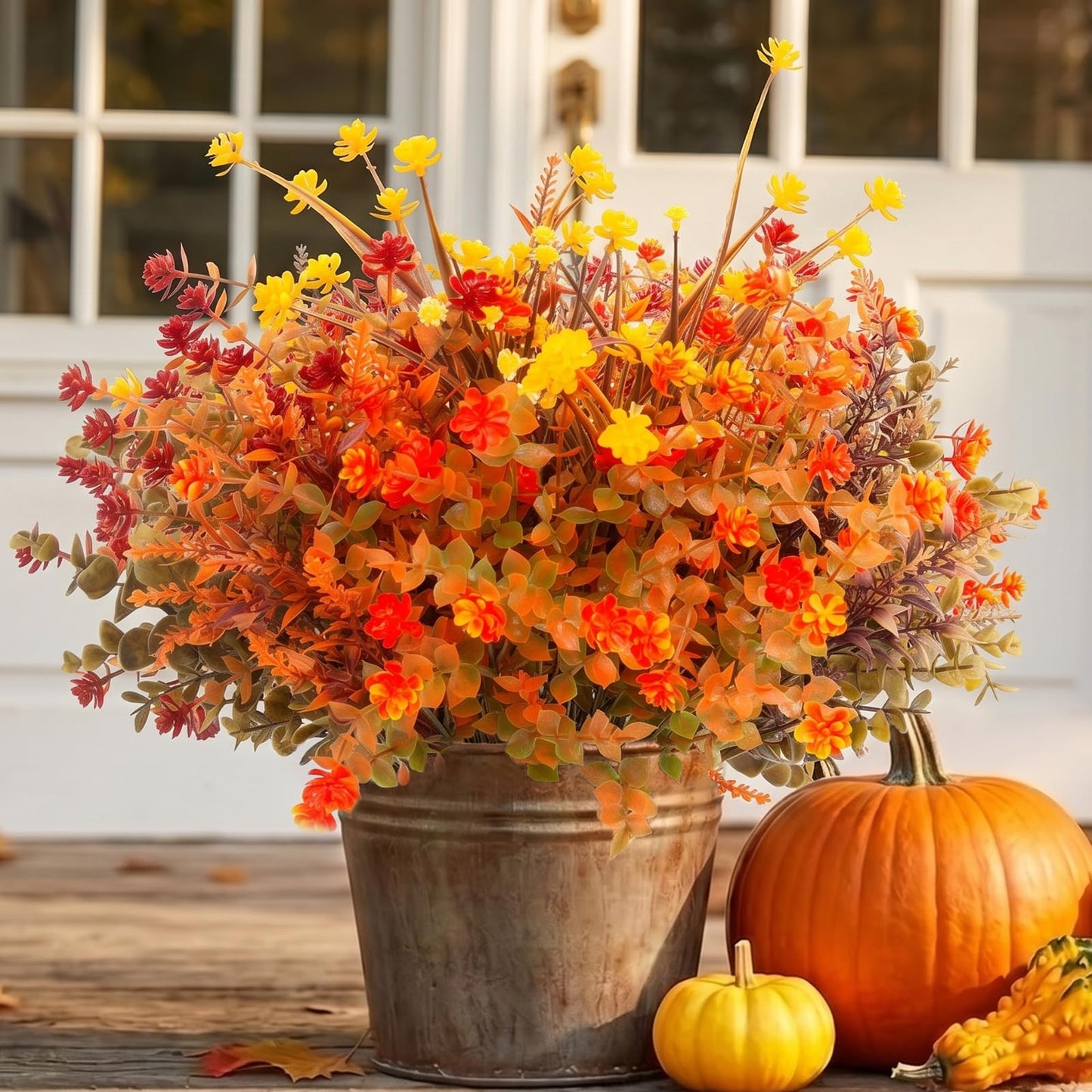 Hananona 12 Pcs Artificial Fall Flowers Outdoor, Faux Artificial Plants UV Resistant Plastic Autumn Flower for Hanging Planter Front Door Porch Window Home Decor (12, Orange)