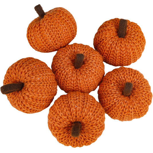 Winlyn Set of 6 Faux Fall Orange Crochet Pumpkins - Small Knit Foam Pumpkins for Rustic Farmhouse Decor, Harvest, Thanksgiving, Halloween, Autumn Table, Bowl, Tiered Tray, Mantel