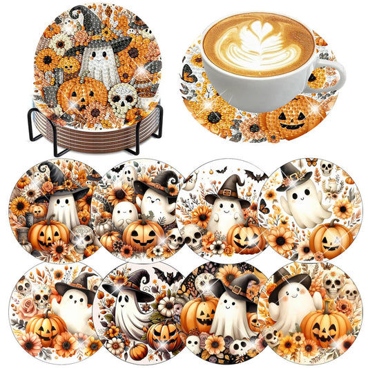 8 PCS Halloween Diamond Art Coasters Kits with Holder Ghost Pumpkin Diamond Painting Coaster Kit for Adults Beginners,5D DIY Gem Art Kit Full Drill Diamonds Art Craft Supplies 4X4 Inch
