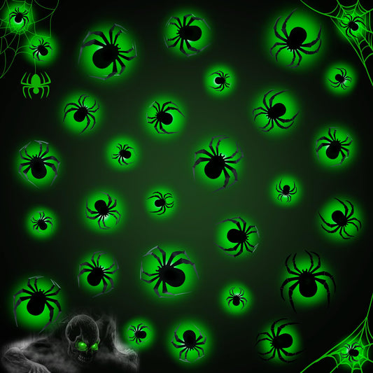 36 PCS LED Green Lighted 3D Spiders Halloween Decoration, 4 Sizes Shapes Removable PVC Spiders Sticker, Waterproof Halloween Spider Wall Decor for Home Indoor Outdoor Room Window Door Wall Party Decor