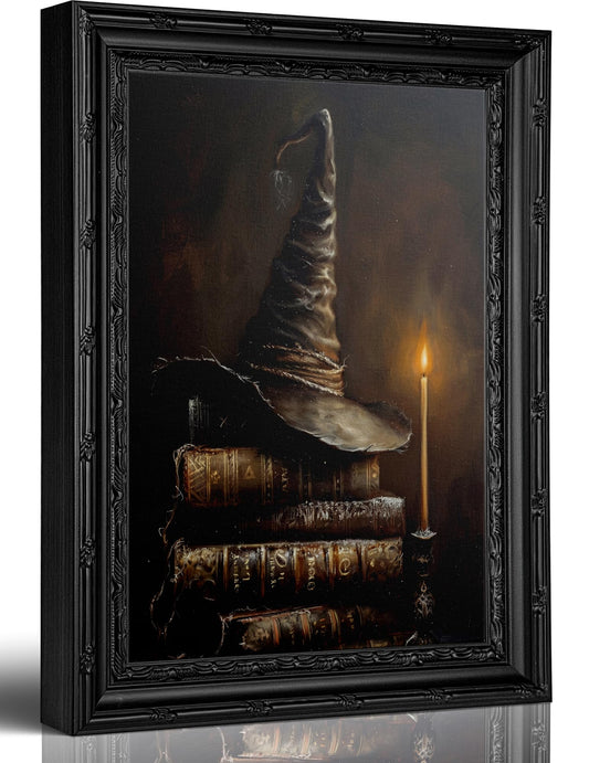 Framed Halloween Witch Hat Canvas Wall Art, Spooky Wizard Painting Picture Wall Decor, Vintage Magic Book Poster Print Artwork for Bedroom Home Decoration 8x10in