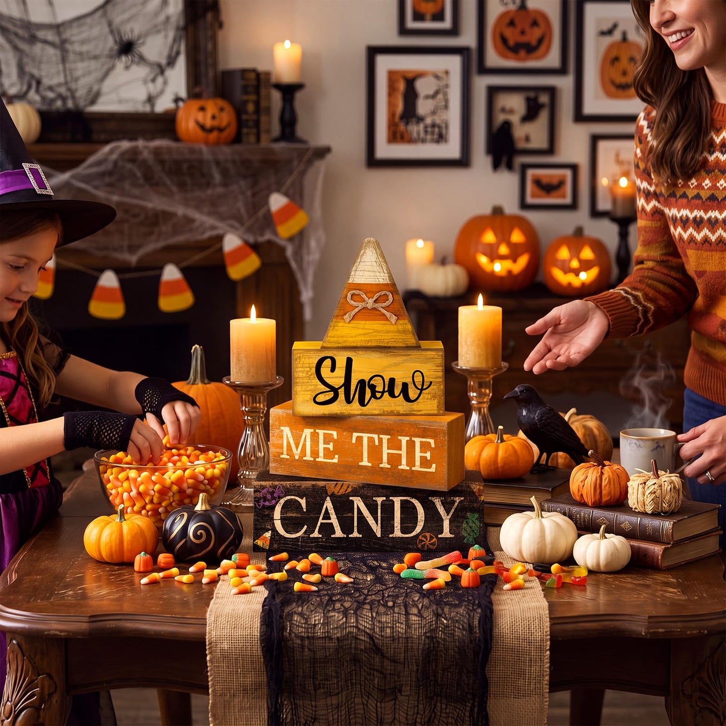 Lineshading 4 Pcs Halloween Table Decoration Candy Corn Wooden Stacked Block, "Show Me the Candy" Signs with Candys Corn Topper, Halloween Tiered Tray Decor Rustic Fall Decor for Home Office Kitchen