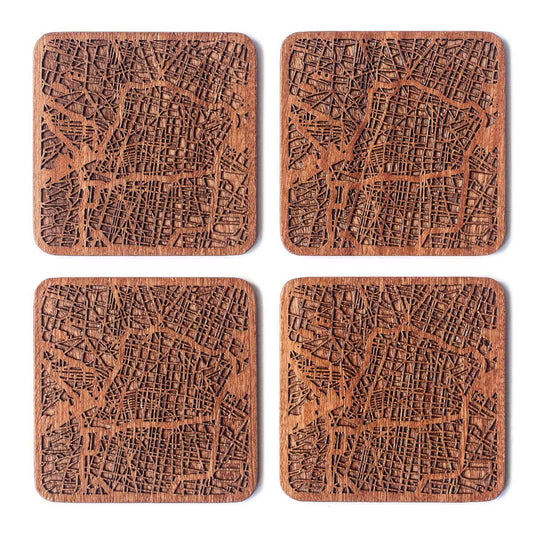 Mexico City Map Coaster, Set of 4, Sapele Wooden Coaster with city map, Multiple city optional, Handmade