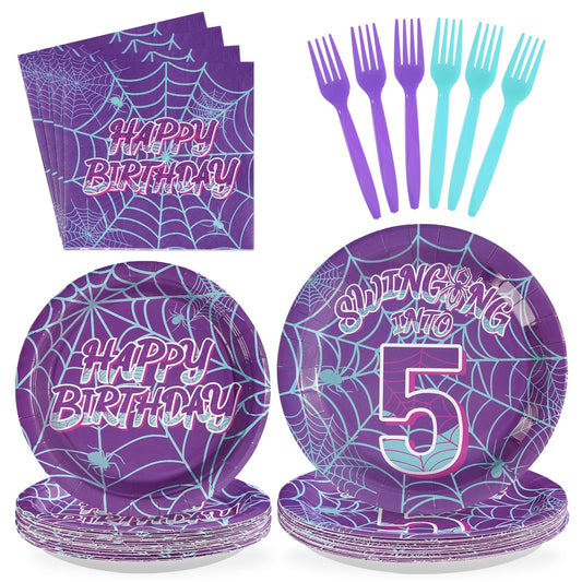 Greencian 96Pcs Spider 5th Birthday Party Supplies Purple Spiderweb Party Plates and Napkins Disposable Ghost Cartoon Tableware Set for Kids Birthday Halloween Hero Theme Decorations, Serves 24