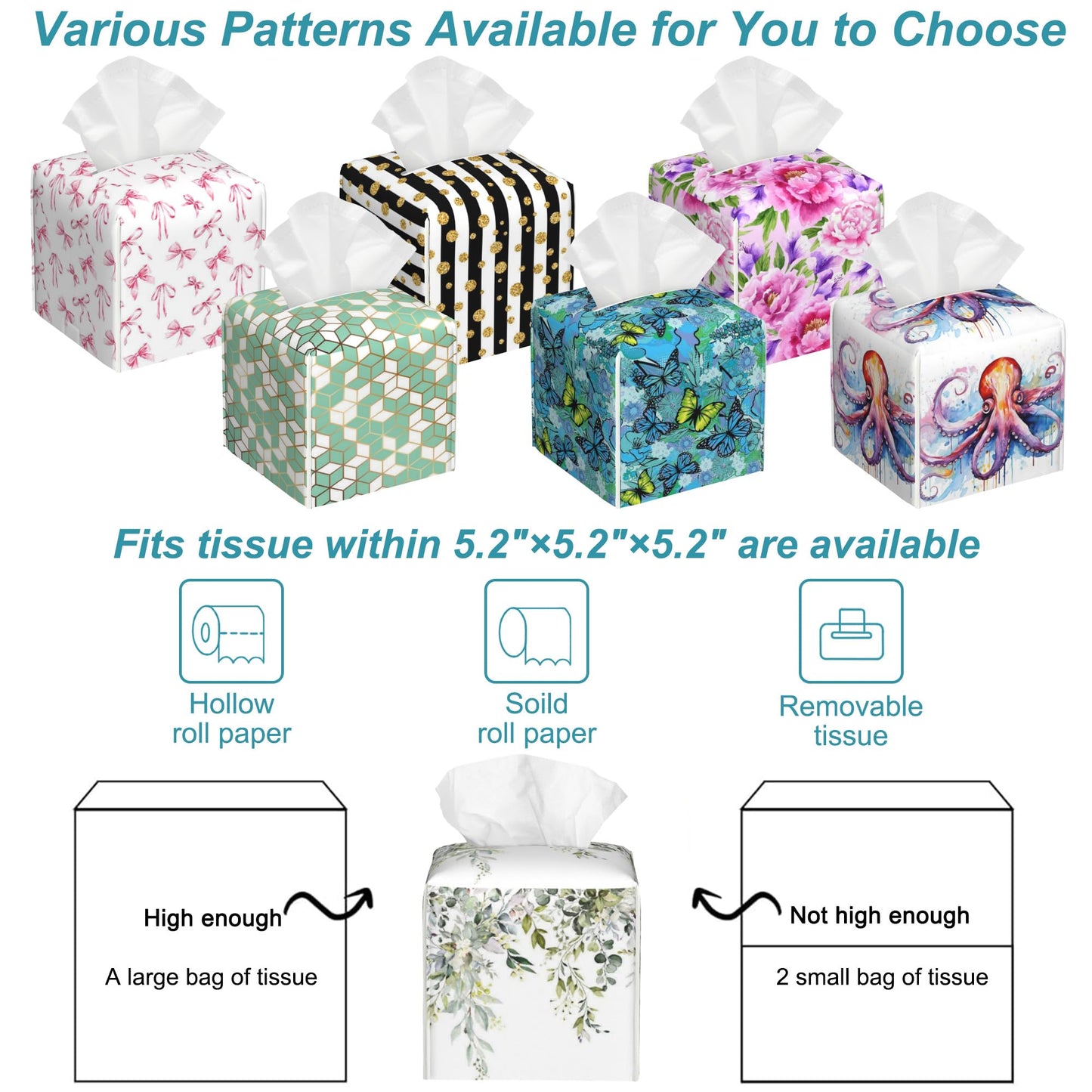 Watercolor Floral Leaves Tissue Box Holder,Square Leather Tissue Box Cover with Bottom Belt,Waterproof Modern Napkin Holder Organizer for Car Bathroom Nightstand Vanity Tabletop,5.2" x 5.2" x 5.2"
