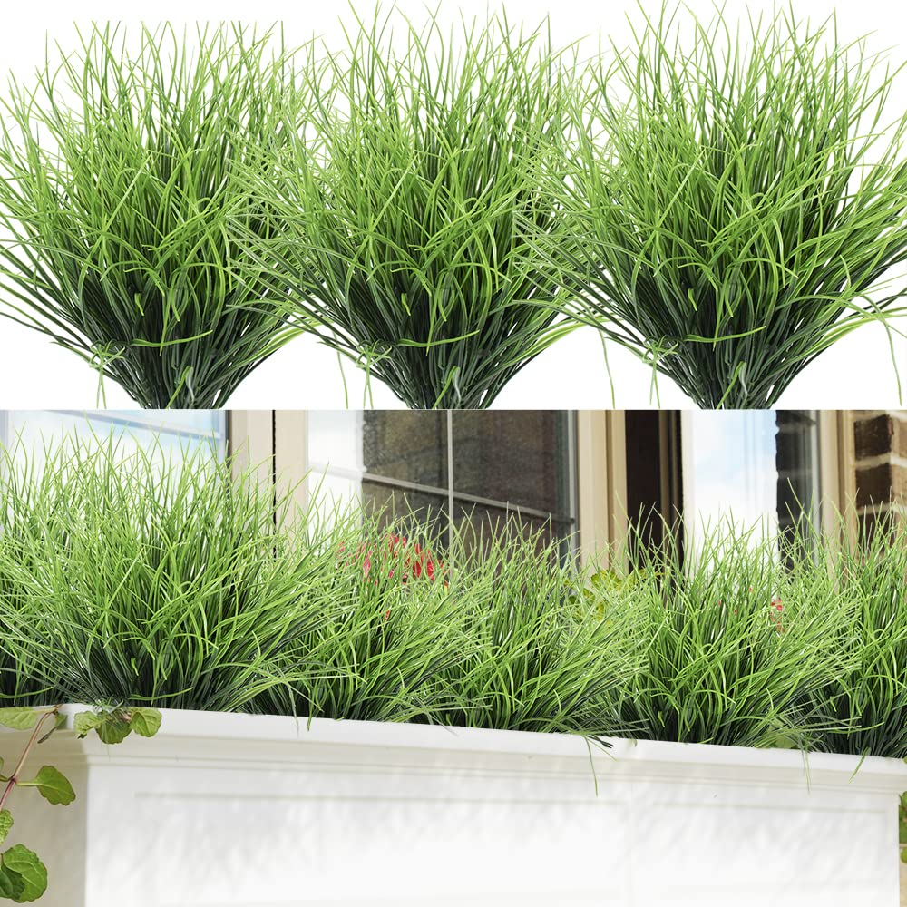 SLanC 8 Bundles Artificial Grass Plants Fake Bushes Artificial Shrubs Wheat Grass Greenery for House Plastic Outdoor UV Resistant Faux Grass (Pack of 8)