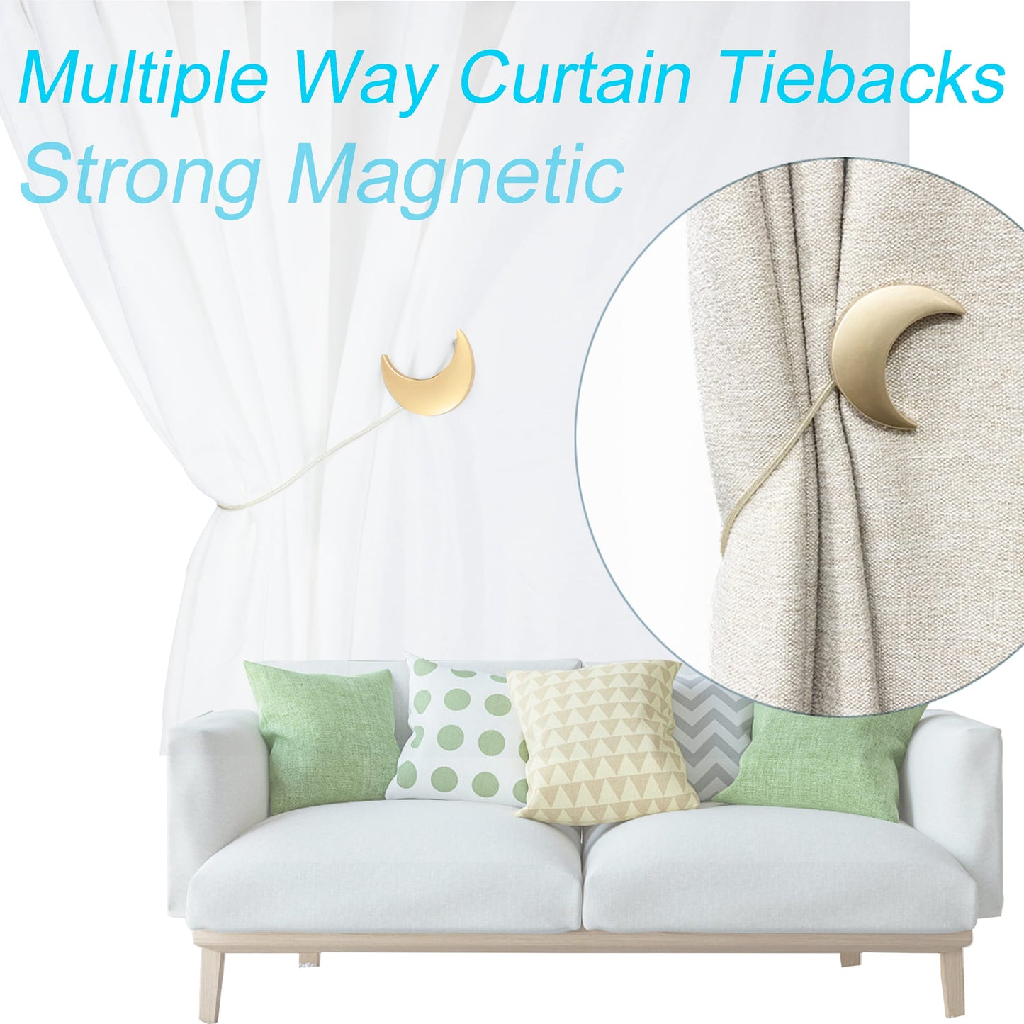 Magnetic Curtain Tiebacks Alloy Moon Curtain Holdbacks Silver/Gold Curtain Tie Backs Curtain Clips Ropes -Set of 2
