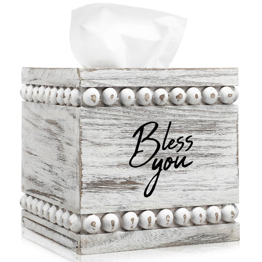 Yiyiring Bless You Beaded Square Tissue Box Cover, Rustic Farmhouse Vintage Wooden Tissue Holder White Box Distressed Napkin Holder for Table Bathroom Decor