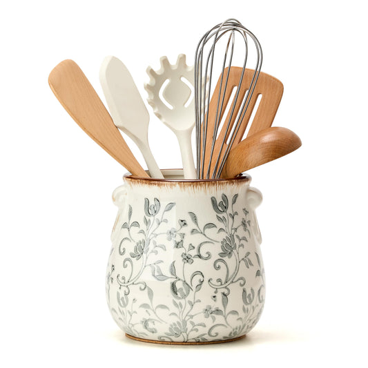 Utensil Holder for Kitchen Counter, Modern Farmhouse Rustic Cooking Utensil Holder and Crock, Exquisite Chinoiserie Floral Ceramic Utensil Organizer for Home Kitchen Decor- Gray Flower Patterns