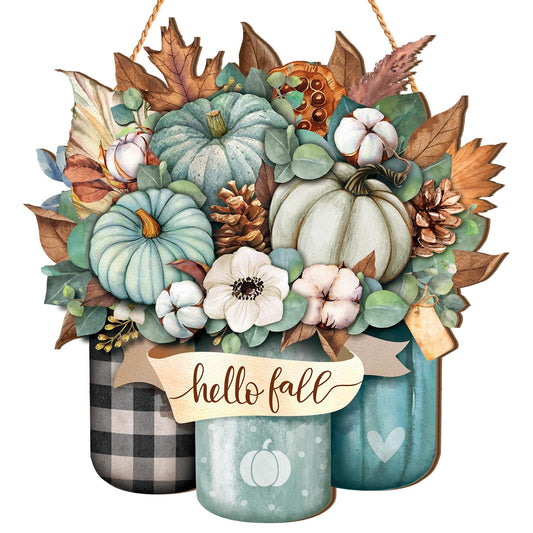 Boao Blue Hello Fall Door Decorations for Home Thanksgiving Decor Pumpkin Plaid Hanging Sign Wooden Front Door Hanger for Autumn Harvest Fall Porch Indoor Outdoor Home Decorations