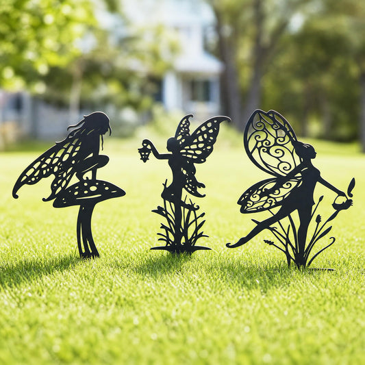 BZHABAOYE Fairy Garden Stakes, Metal Decorative Garden Stakes, Black Fairy Silhouette Yard Art for Flower Bed, Lawn, Planter, Outdoor Garden Decor（Black Set of 3）
