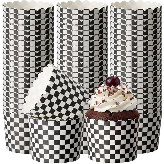 Qinyoung 150 Pcs Race Car Checkered Cupcake Wrappers Liners Black and White Paper Baking Cup Greaseproof Disposable Scalloped Checkered Flag Muffin Case for Racing Car Birthday Party Baby Shower Decor