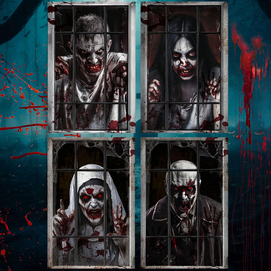 SmoothNovelty 4 Pack Halloween Window Decorations Halloween Ghost Curtain Scary Window Silhouettes Cover, Horror Ghost Male and Female Zombies, Nun, Godfather for Indoor Outdoor Party Decor