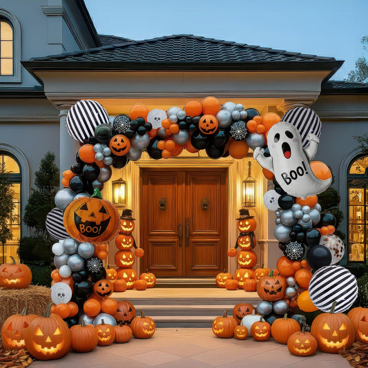 Summerween balloons arch kit Orange Black Silver ghosts print balloons and Pumpkin Monster mylar balloons forkid friendly halloween Birthday Spooky Theme Festival rick or Treat game Decorations