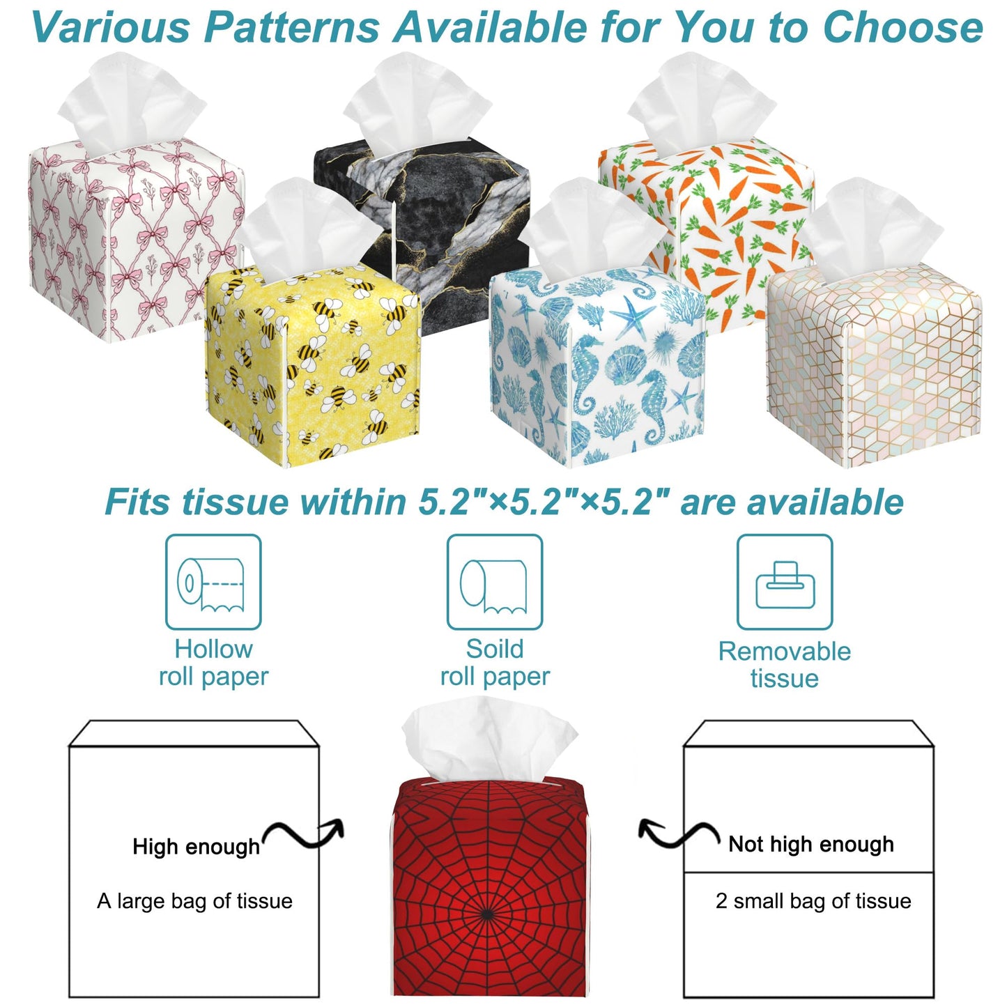 Spider Web Tissue Box Holder,Square Leather Tissue Box Cover with Bottom Belt,Waterproof Modern Napkin Holder Organizer for Car Bathroom Nightstand Vanity Office Tabletop,5.2" x 5.2" x 5.2"