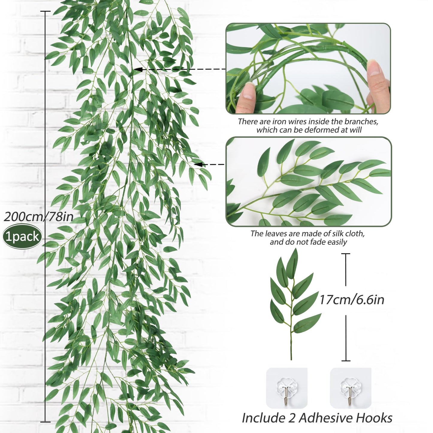RECUTMS Artificial Willow Leaves Vines 6.5ft Silk Leaf Ivy Greenery Garland
