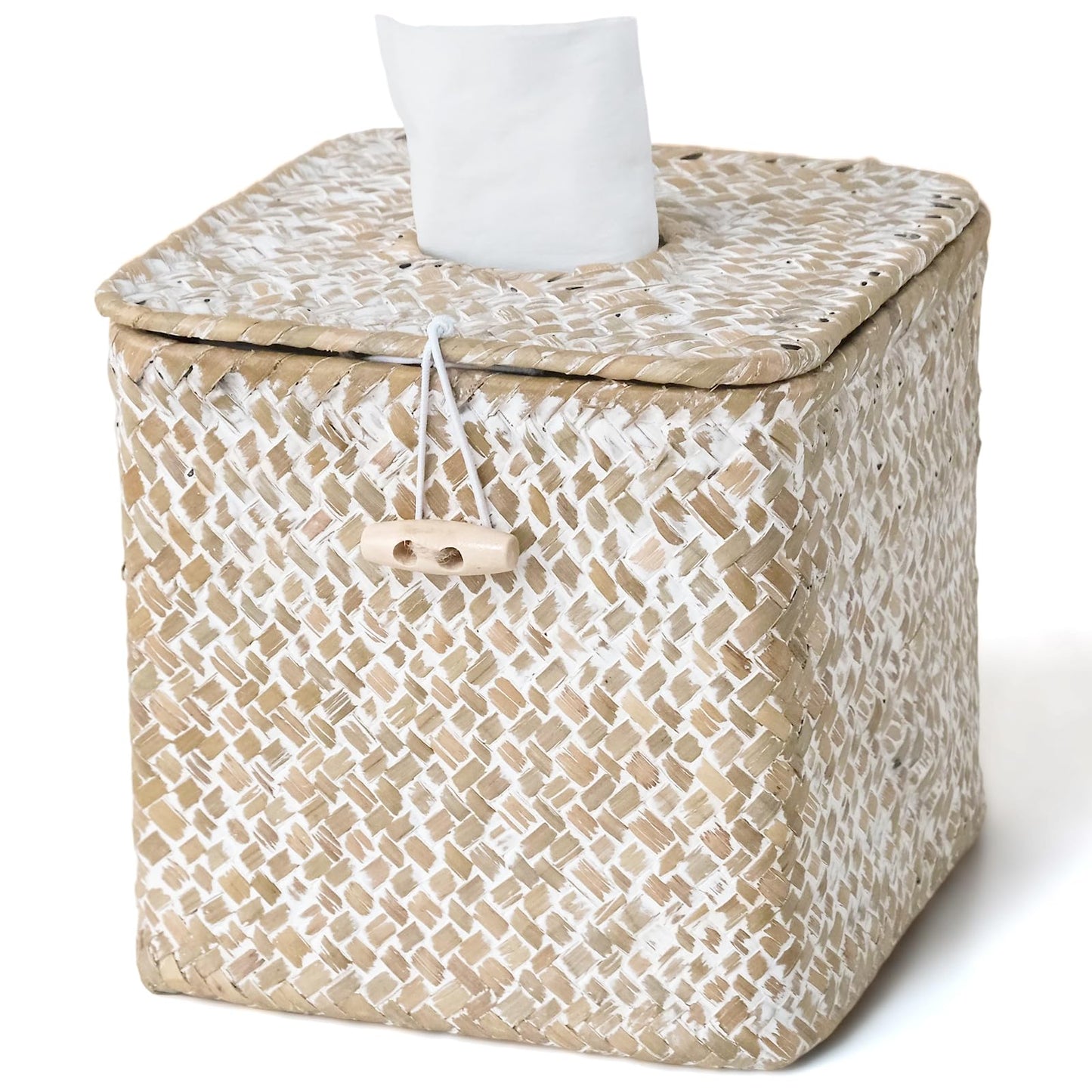 S310 Tissue Box Cover Square, Woven Seagrass Tissue Box Holder with Lid, Wicker Tissue Box Decorative Facial Cube Tissue Cover for Bathroom Office Table, Whitewash