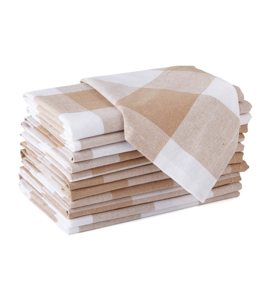Encasa XO Cotton Cloth Napkins Set of 12, 17"x17" | Washable & Reusable Dinner Napkins Buffalo Beige Checks Table Napkins for Farmhouse, Wedding, Holiday, Party & Everyday Dining