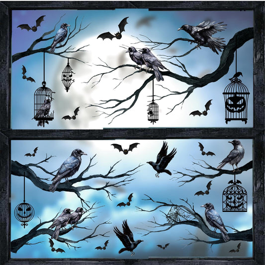 Halloween Decorations Window Clings Decor Double Sided Halloween Window Decals Peel and Stick Crow Tree Branch Stickers Decor for Wall Watercolor Bird Decal for Glass Living Room Winter Holiday Supply
