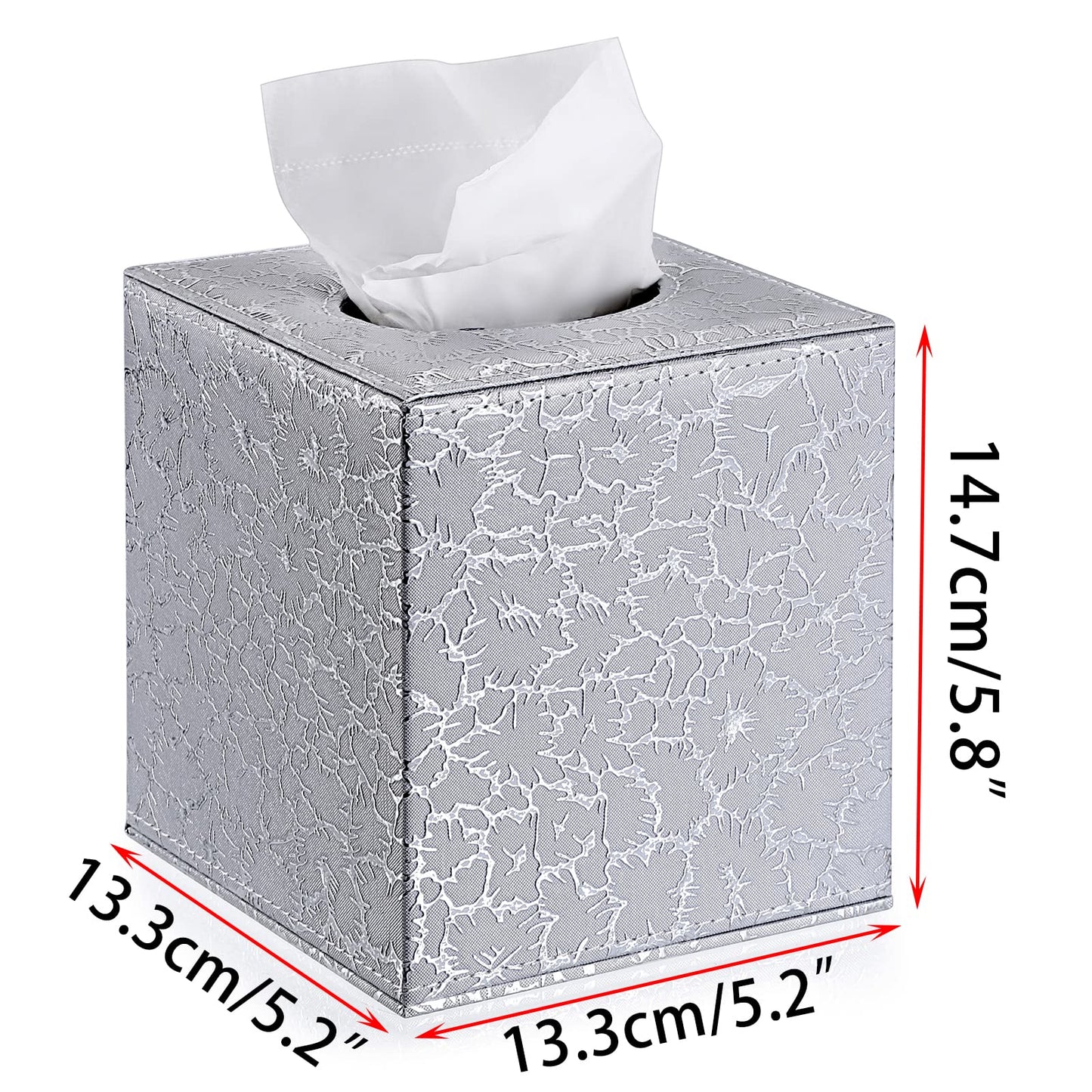 Sumnacon Square Leather Tissue Box Cover - Stylish Cube Tissue Box Holder with Magnetic Bottom, Decorative PU Tissue Box for Vanity Dresser Night Stand Table Countertop Home Office Car, Silver