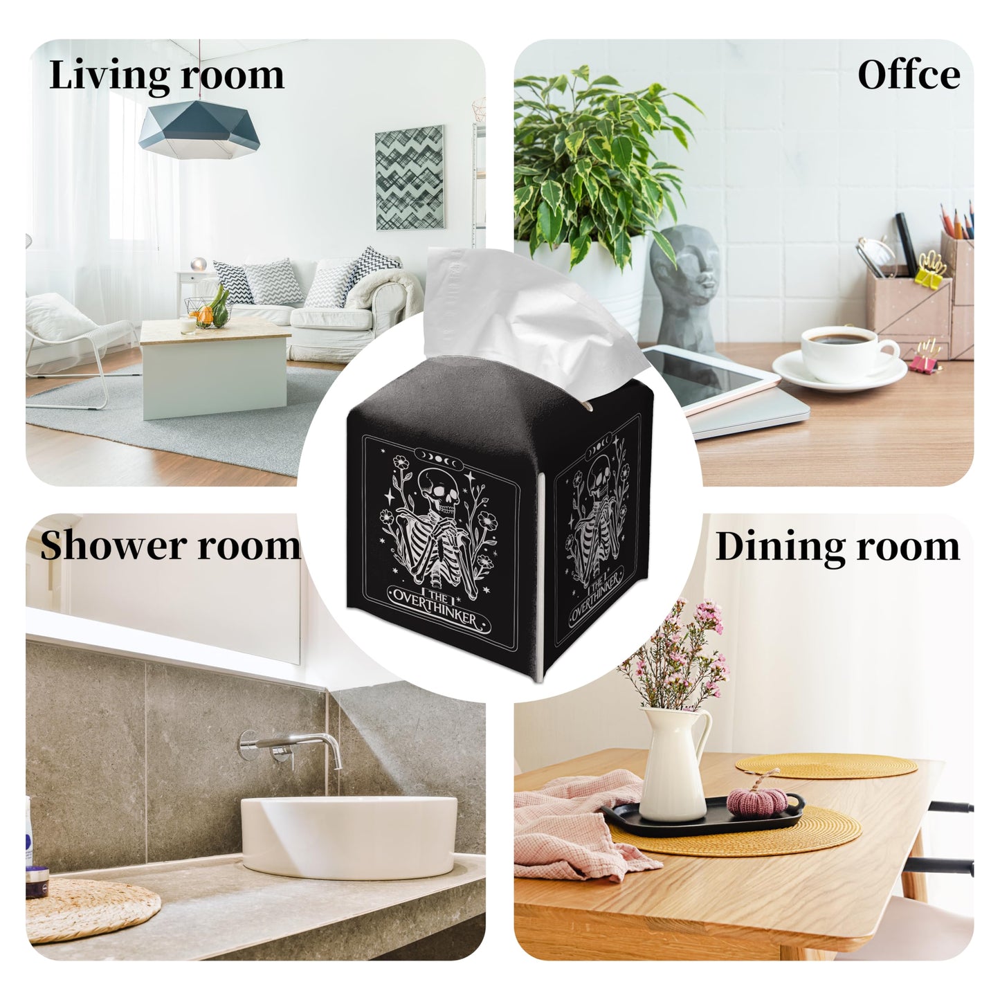 Grace Yonks Cute Tissue Box Cover Square - Gothic Skeleton “The Overthinker” Print, Funny Tarot-Inspired Design 5.2" PU Leather Holder for Vanity, Bathroom Counter - Cube Case for Facial Tissues(024)