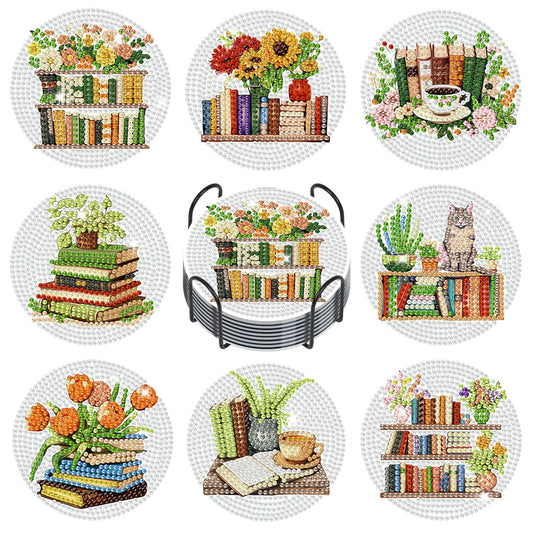 GEEHEIY Book Lover Diamond Art Coasters Kit for Adults, 8PCS DIY Floral Bookshelf Diamond Painting Coasters with Holder, Cozy Reading Aesthetic Home Decor Gifts