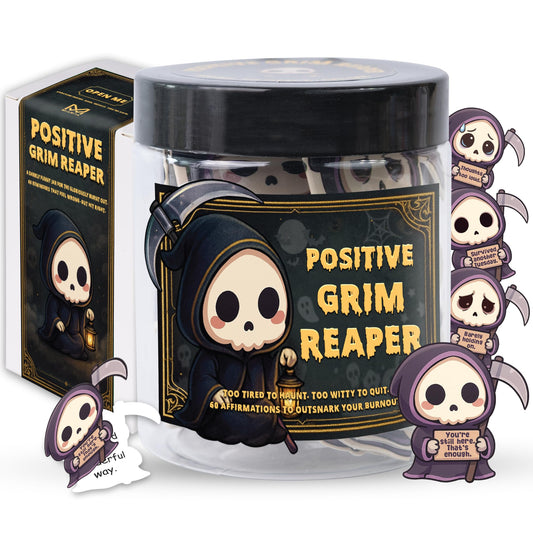 Positive Grim Reaper Jar - Emotional Support Grim Reaper- 60 Dark Humor Cards Spooky Gifts for Women Men Coworkers Friends Funny Halloween Gifts, Boo Basket Stuffers, Horror Gift, Gothic Decor