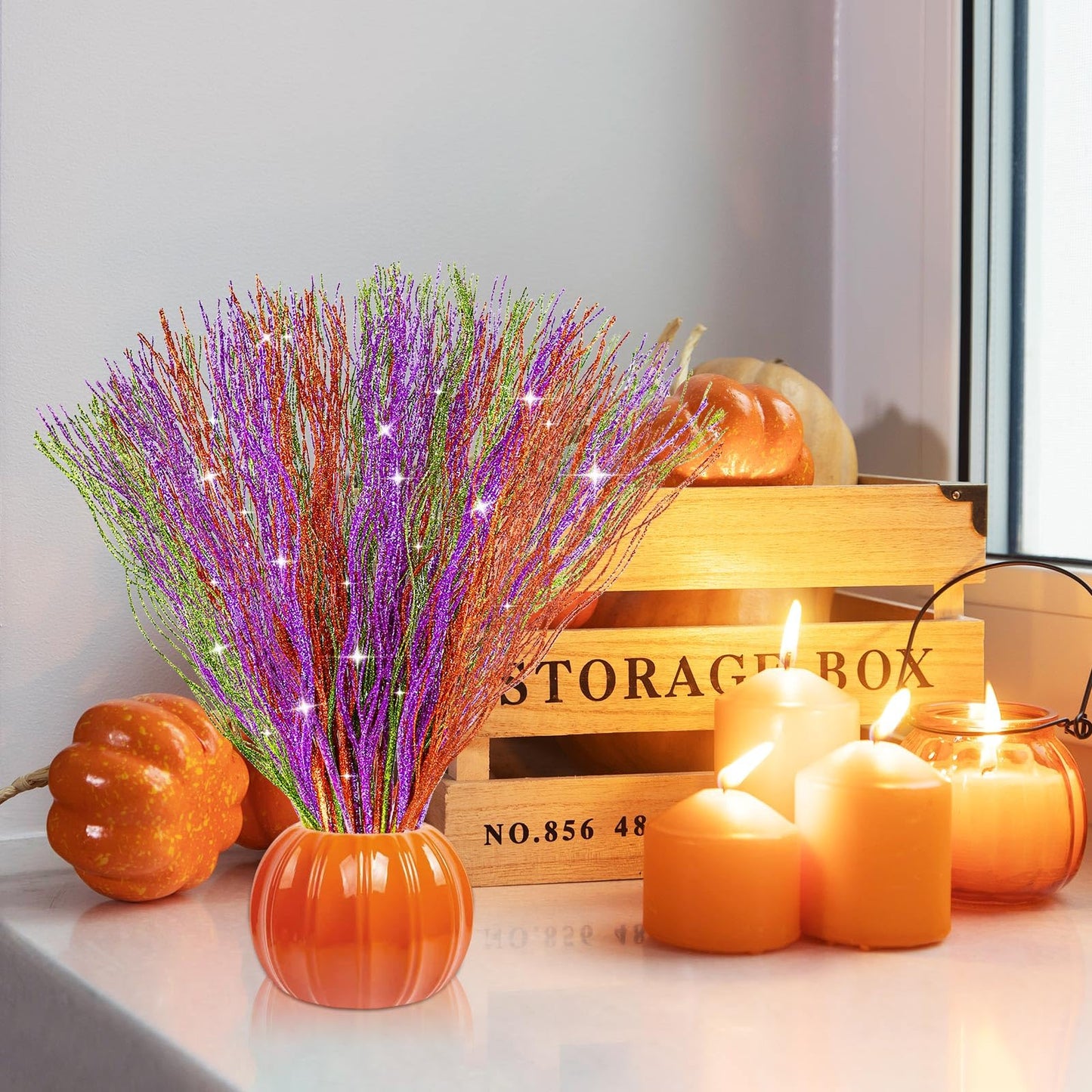 YBB 30Pcs Halloween Artificial Glitter Branches, 17 Inch Fall Stem Floral Picks Decorative Twigs for Halloween Thanksgiving Day Home Table Vase Decoration (Green&Purple&Orange)
