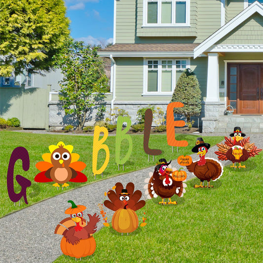 Quera 11 Pcs Thanksgiving Yard Signs Gobble Turkey Outdoor Lawn Thanksgiving Decorations Outside Decoration Pumpkins Yard Stakes for Fall Party