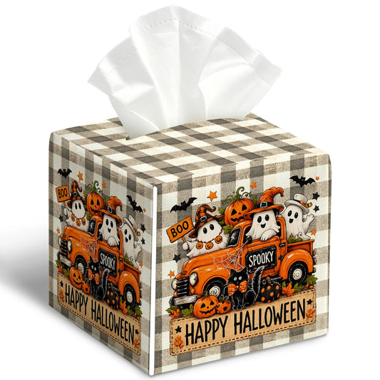 Halloween Tissue Box Cover Square, Ghost Pumpkin Decorative Tissue Box Holder Facial Paper Organizer Dispenser for Bathroom Kitchen Bedroom Countertop Nightstands, Halloween Party Decorations/001