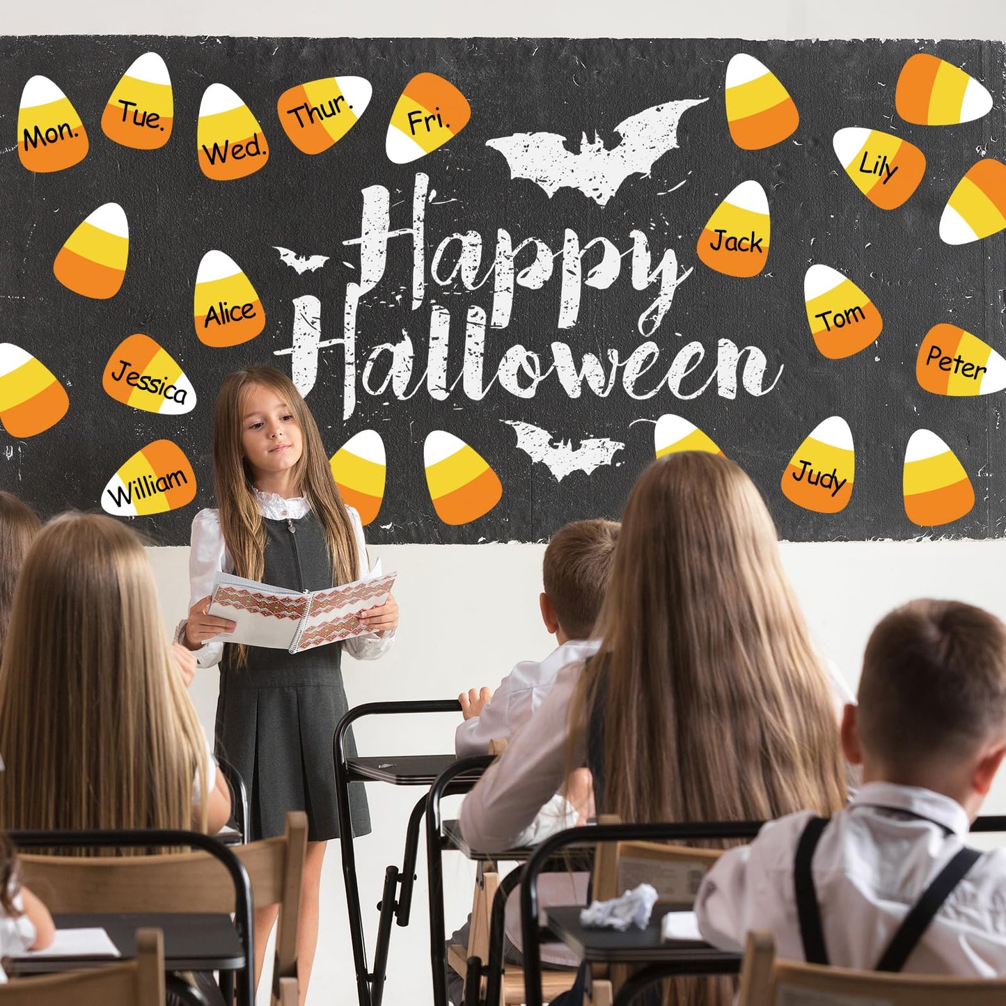 JarThenaAMCS 50Pcs Halloween Cutouts Candy Corn Paper Cut-Outs Halloween Candy Corn Bulletin Board Decor with 100Pcs Glue Points for DIY Art Craft Wall Home Classroom School Party