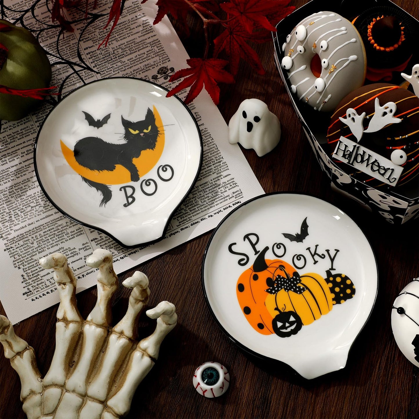 Whaline 2Pcs 4.7inch Black Cat Ceramic Spoon Rest Spooky Pumpkin Small Coffee Spoon Holder for Halloween Coffee Stirrers Teaspoon Bar Spoon Coffee Station Bar Accessories
