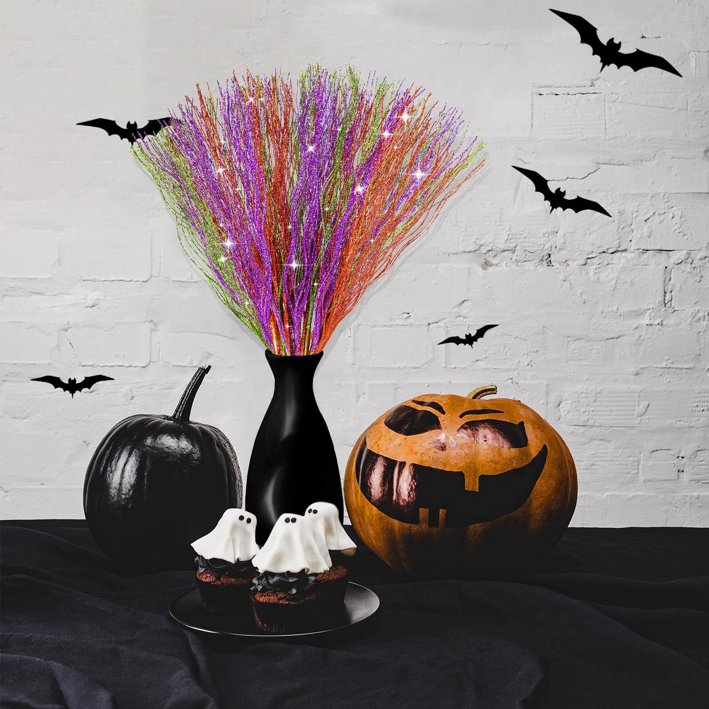 YBB 30Pcs Halloween Artificial Glitter Branches, 17 Inch Fall Stem Floral Picks Decorative Twigs for Halloween Thanksgiving Day Home Table Vase Decoration (Green&Purple&Orange)