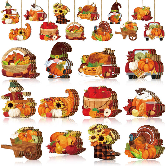 Huwena 36 Pcs Thanksgiving Tree Ornaments Fall Tree Decorations Pumpkin Scarecrow Turkey Gnome Wood Cutouts with Ropes Fall Wooden Ornaments for Autumn Harvest Party Decor