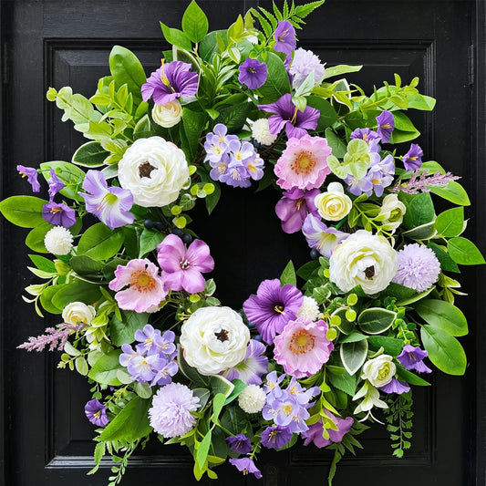Spring Wreaths for Front Door Outside 24 Inch,Summer Wreath with Purple Morning Glory,Peony and Hydrangea,Spring Door Wreath for Indoor Outdoor Farmhouse Wall Proch Home Decor